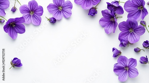 A white background with a collection of purple flowers and space for text. This represents the idea