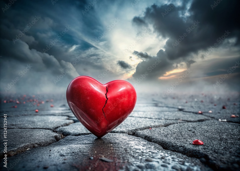 Obraz premium A Surreal Scene of a Broken Red Heart on Asphalt, Symbolizing Heartbreak and Loss in an Urban Landscape, Captured in Vivid Colors and Dreamlike Imagery for Artistic Expression