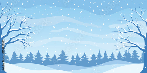 Winter minimalistic landscape, forest and snowfall, vector illustration	