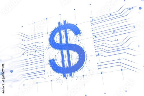 Blue dollar sign with digital circuit lines, holographic style on isolated white background. Concept of virtual currency and technology. 3D Rendering.