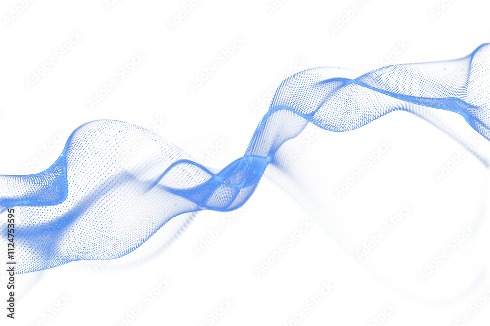 Abstract blue wave made of dots forming a dynamic digital flow, clean white background, modern graphic style, concept of technology. 3D Rendering. Abstract blue wave made of dots forming a dynamic digital flow, clean white background, modern graphic style, concept of technology. 3D Rendering.