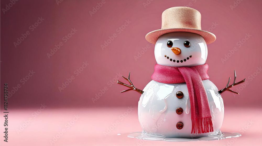 Cute Snowman Melting on a Pink Background Cute Snowman Melting on a Pink Background