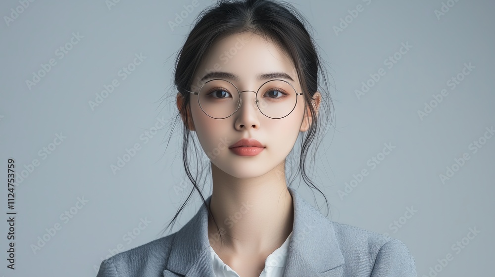 Professional young woman in glasses wearing a light blue blazer with a neutral background in a studio setting Professional young woman in glasses wearing a light blue blazer with a neutral background in a studio setting