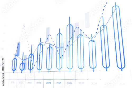 Blue candlestick and dashed line graphs on a white background, with futuristic digital elements, showing market trends and analysis. 3D Rendering. photo