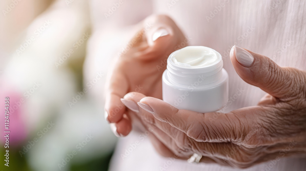 Close-Up of Senior Woman Holding Jar of Moisturizing Cream with Soft Focus on Floral Background and Elegant Hand Gesture Close-Up of Senior Woman Holding Jar of Moisturizing Cream with Soft Focus on Floral Background and Elegant Hand Gesture