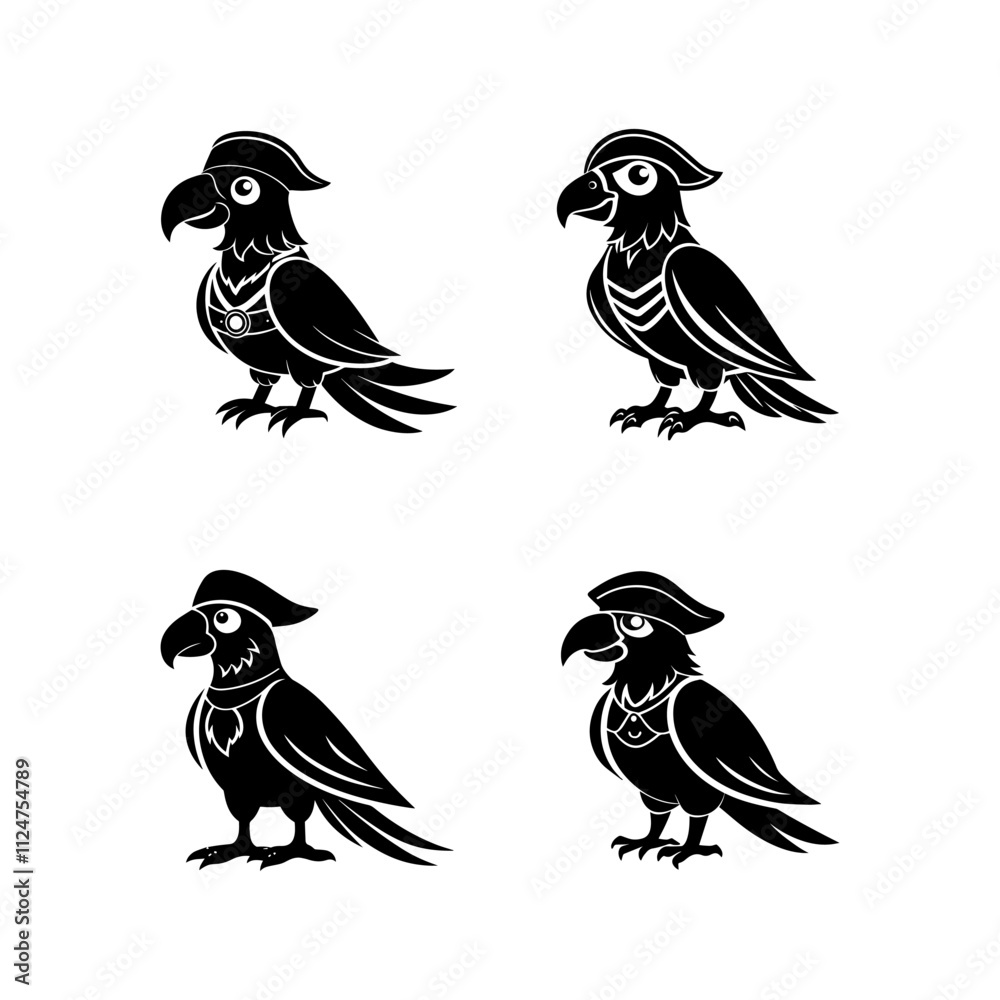 Obraz premium Set of Pirate Parrot silhouette, black and white silhouette, vector and&nbsp;illustration