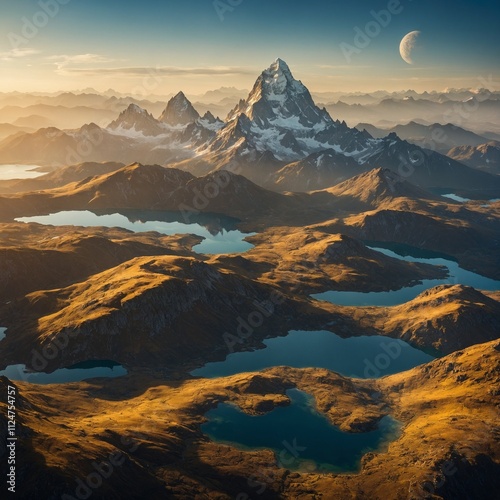 "A surreal mountain range with peaks glowing golden in the sunlight and floating islands in the distance."