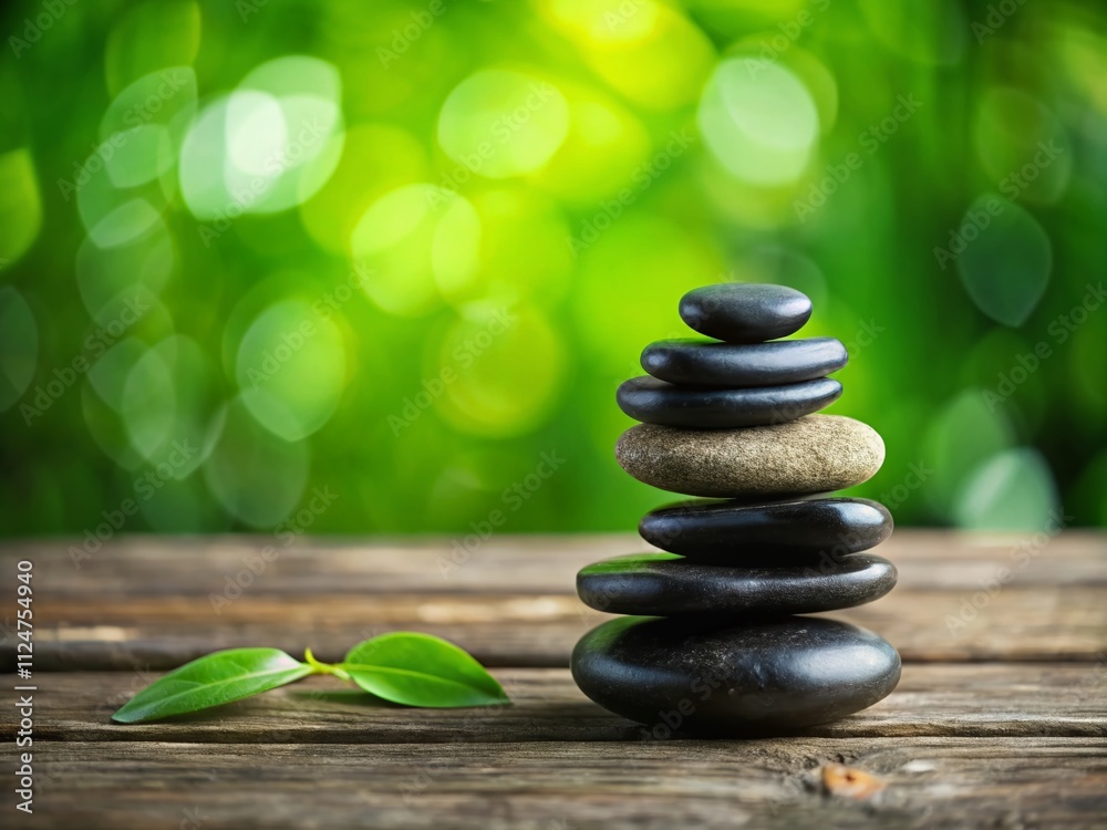 A Tranquil Stack of Balanced Black Stones on a Wooden Surface with a Soft Green Background, Perfect for Symbolizing Peace, Mindfulness, and Relaxation in Your Visual Projects A Tranquil Stack of Balanced Black Stones on a Wooden Surface with a Soft Green Background, Perfect for Symbolizing Peace, Mindfulness, and Relaxation in Your Visual Projects