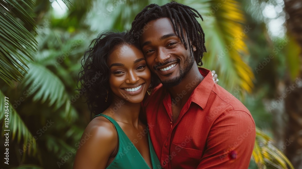 Happy couple man in a red shirt hugging a smiling woman in a green dress standing near tropical plants under natural daylight