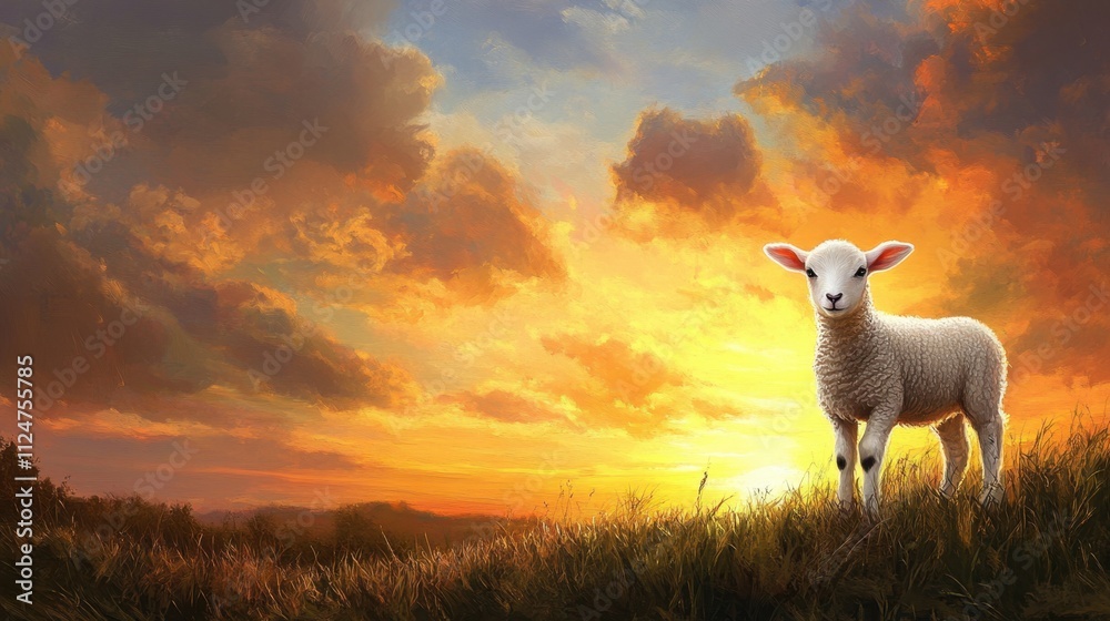 Fototapeta premium A lone white lamb against a dramatic sunset backdrop, standing on soft grass, evoking peace and simplicity.