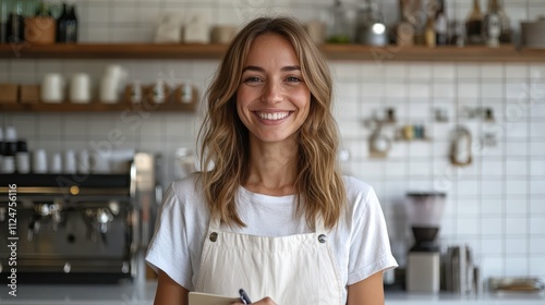 Smiling woman with light skin tone writing an order on a notepad bright cafe with white tiles and natural light contemporary decor © Lion