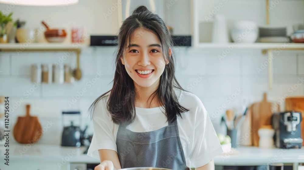A young Asian woman with long dark hair and a bright smile wearing a white t-shirt and a gray apron stands in a kitchen setting possibly preparing food Or cooking. A young Asian woman with long dark hair and a bright smile wearing a white t-shirt and a gray apron stands in a kitchen setting possibly preparing food Or cooking.