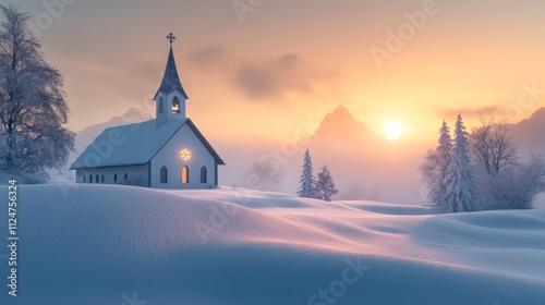A church surrounded by Christmas trees in the winter season