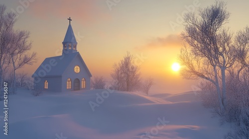 A church surrounded by Christmas trees in the winter season