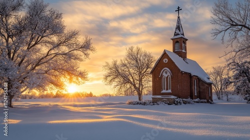 A church surrounded by Christmas trees in the winter season