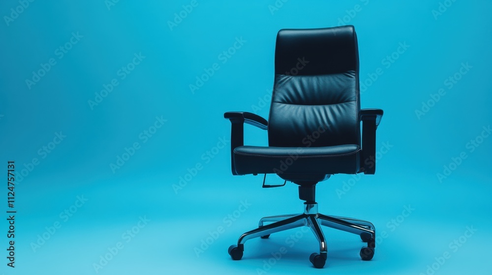 A minimalist shot of a black leather office chair centered on a gradient blue background with ample copy space. A minimalist shot of a black leather office chair centered on a gradient blue background with ample copy space.