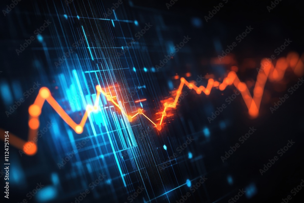 Digital data visualization abstract financial graph glowing blue and orange lines Digital data visualization abstract financial graph glowing blue and orange lines