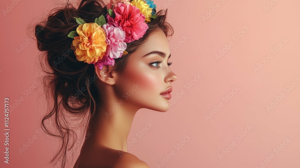 profile of a woman with colorful flowers in her hair solid background artistic studio lighting with soft shadows profile of a woman with colorful flowers in her hair solid background artistic studio lighting with soft shadows