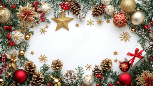Foto Festive joy: vertical top view of golden stars, glimmering baubles, gifts, snowf