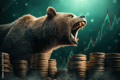 Ferocious bear stacks of coins financial graph in background roaring close-up photo