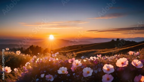 Fototapeta Naklejka Na Ścianę i Meble -  Golden Hour Meadow: Serene sunset over rolling hills, wildflowers bathed in the warm glow of the setting sun. A breathtaking landscape photograph, perfect for travel, nature, and serenity themes. 