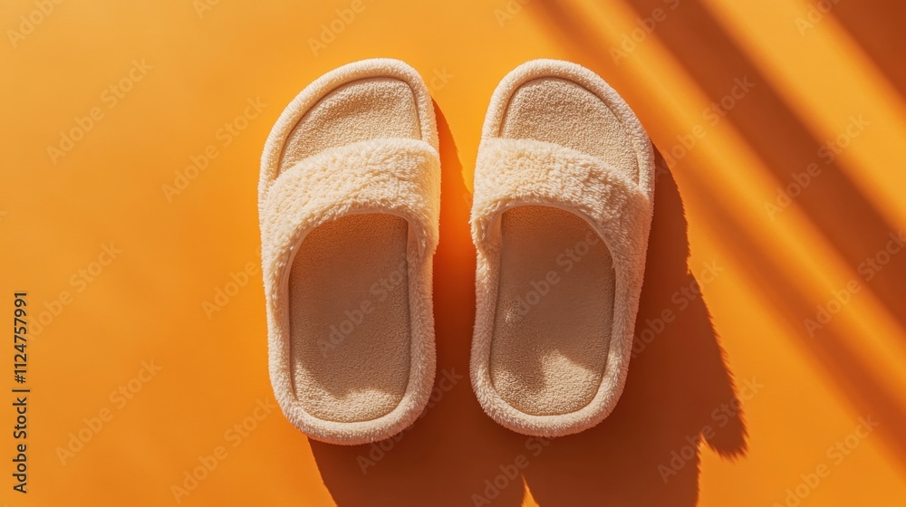 A pair of soft beige slippers arranged neatly on an orange background, captured from above with a clean aesthetic. A pair of soft beige slippers arranged neatly on an orange background, captured from above with a clean aesthetic.
