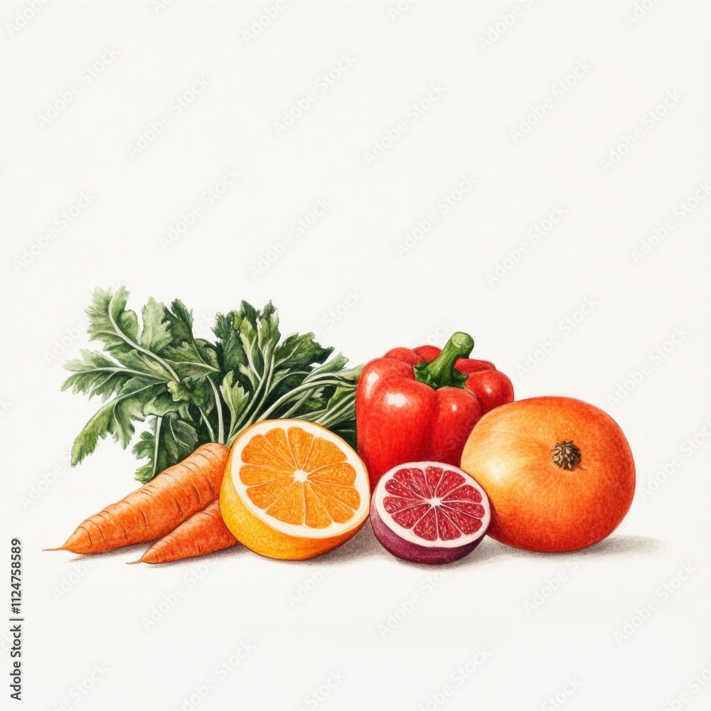 Fresh produce assortment: carrots, oranges, red bell pepper, beets, and pomegranate. Fresh produce assortment: carrots, oranges, red bell pepper, beets, and pomegranate.