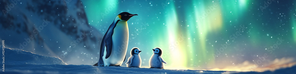 Fototapeta premium Mother penguin 2 babies gaze at vibrant Northern Lights, casting a magical glow on snowy Arctic scene. A surreal, peaceful moment.