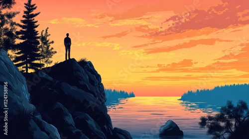 a wonderful landscape illustration at sunste, man watching the horizon, image photo