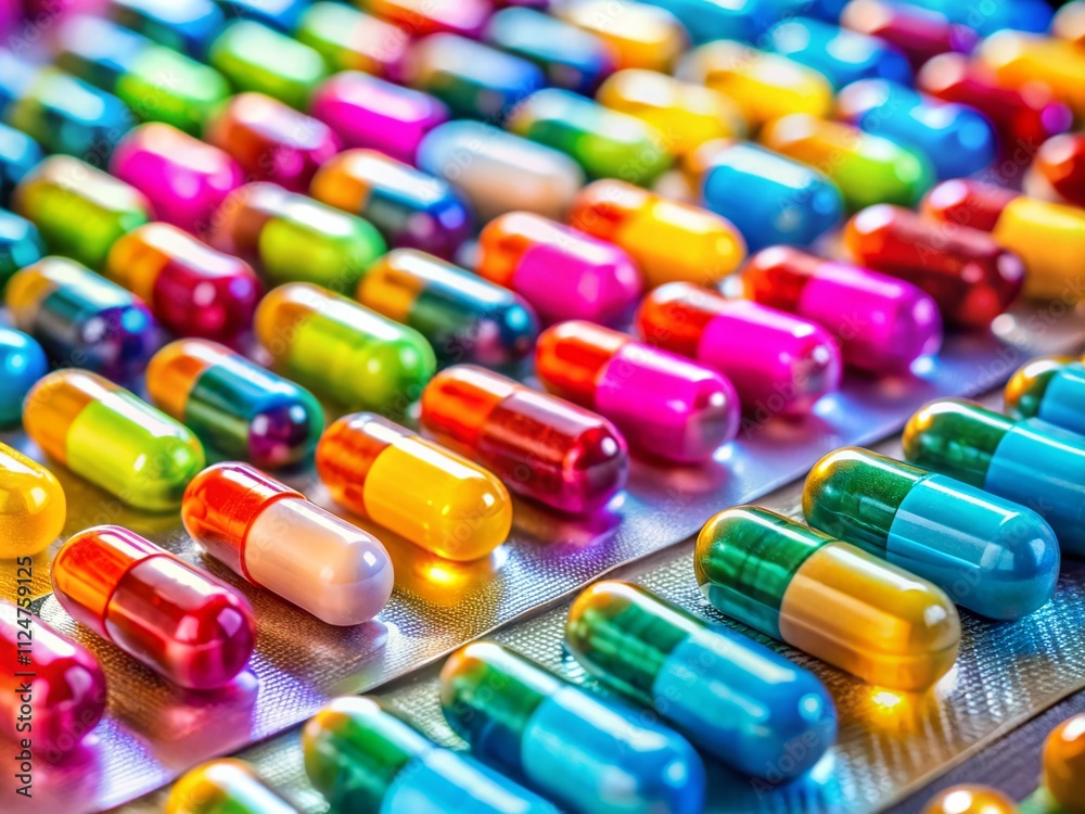A Vibrant Array of Colorful Medication Capsules in Blister Pack Showcasing Pharmaceutical Diversity and Innovation for Stock Photography Use A Vibrant Array of Colorful Medication Capsules in Blister Pack Showcasing Pharmaceutical Diversity and Innovation for Stock Photography Use