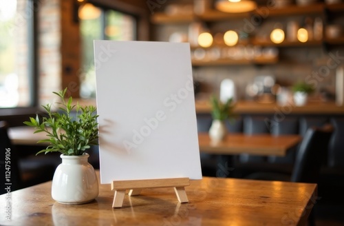 Mock up menu frame standing on wood counter in Bar restaurant cafe. space for text.