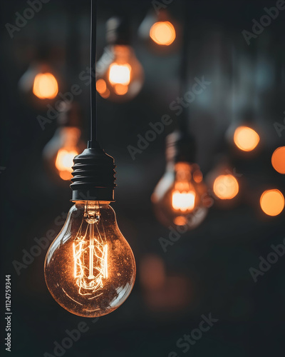 A single glowing lightbulb illuminating a dark space filled with unlit bulbs, symbolizing creative thinking and problem-solving innovation photo