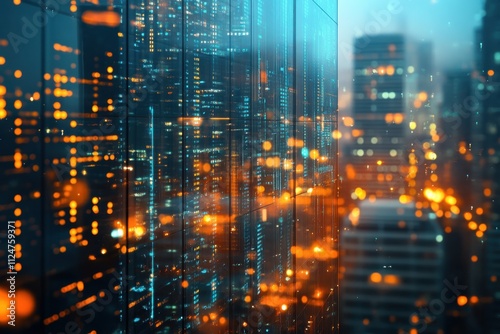 Futuristic financial graphs cityscape background bokeh lights digital stock market