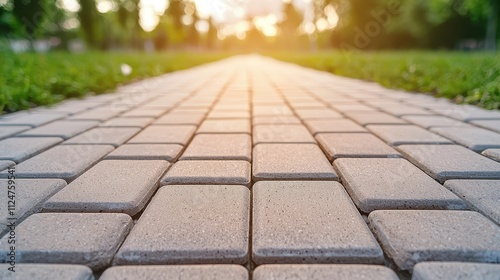 A serene pathway made of patterned stone blocks leads into a sunlit park, framed by lush green grass and trees, creating a peaceful outdoor atmosphere.