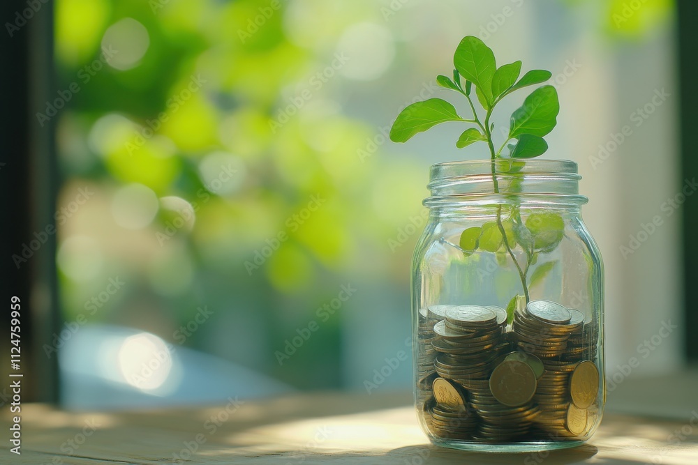 Glass jar filled with coins small plant growing from the jar lush green bokeh background Glass jar filled with coins small plant growing from the jar lush green bokeh background