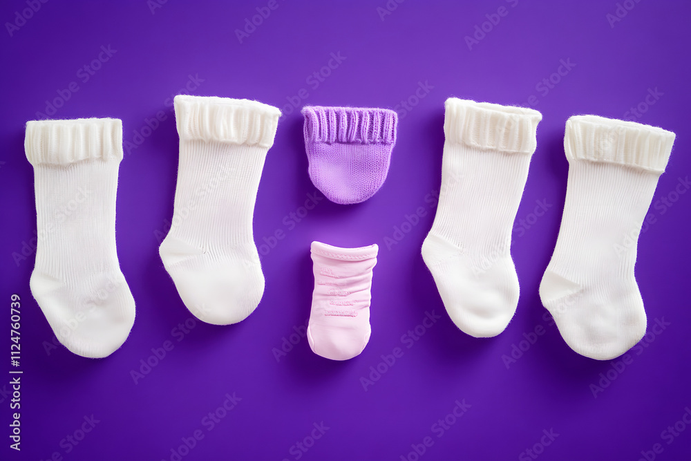 World Prematurity Day. Nine white socks on a purple background, with one pink baby bootie in the center. World Prematurity Day. Nine white socks on a purple background, with one pink baby bootie in the center.