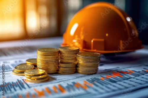 Gold coins construction helmet stock market charts financial growth economic concept photo