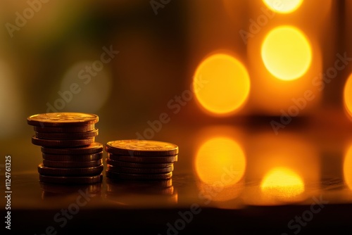 Gold coins stacked blurred background shiny golden reflections soft focus, warm lighting financial wealth luxury concept close-up photo