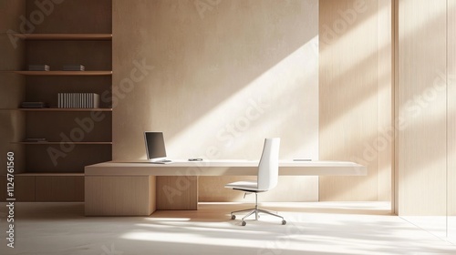 Minimalist wooden office interior with sunlight streaming through window, showcasing a large desk, chair, and shelving unit.