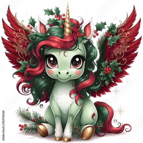 Adorable green unicorn red wings and gold colorful Christmas theme 