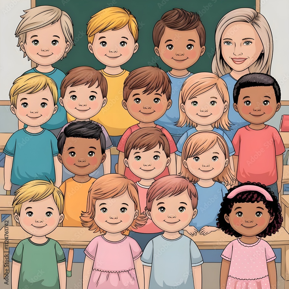 Illustration of many children in autumn