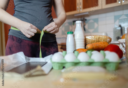 A woman checks her belly circumference with a measuring tape. There are diet foods on the table. Healthy lifestyle and weight loss