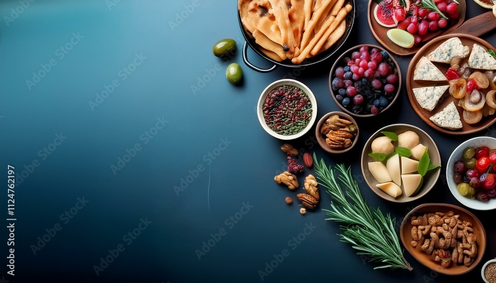 A tabletop filled with a variety of foods arranged beautifully for a top-down view. A tabletop filled with a variety of foods arranged beautifully for a top-down view.