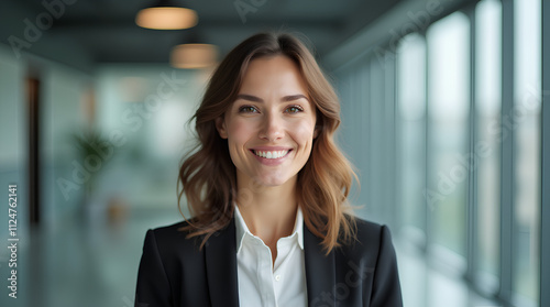 portrait of successful businesswoman consultant looking at camera and smiling inside modern office building