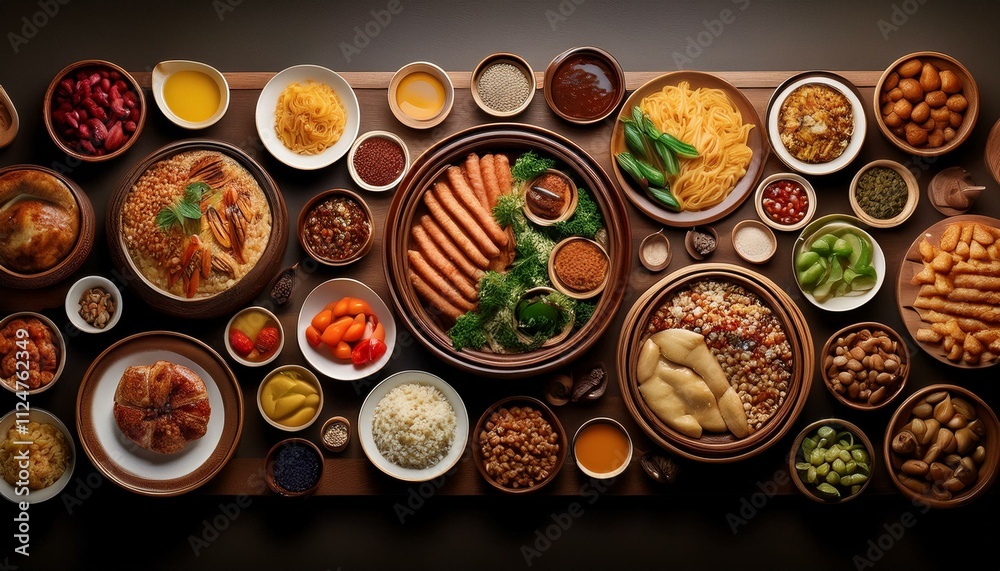 A tabletop filled with a variety of foods arranged beautifully for a top-down view. A tabletop filled with a variety of foods arranged beautifully for a top-down view.
