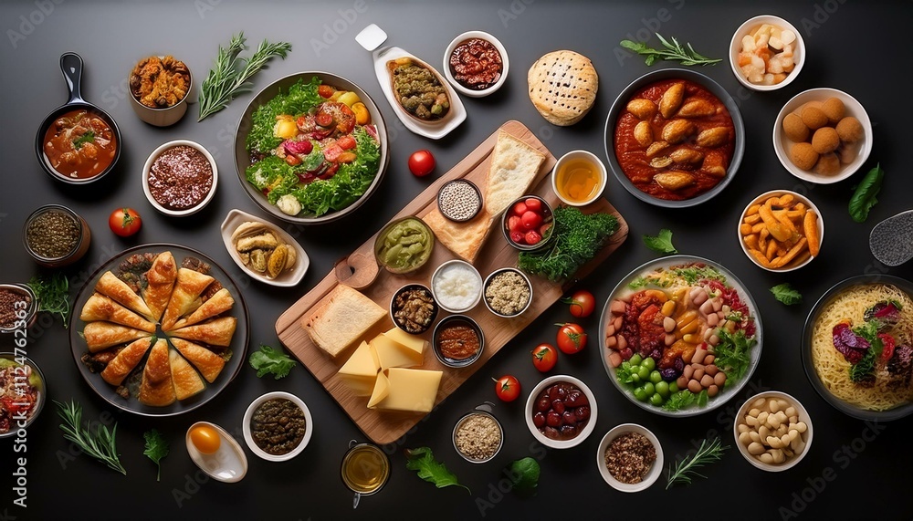 A tabletop filled with a variety of foods arranged beautifully for a top-down view. A tabletop filled with a variety of foods arranged beautifully for a top-down view.