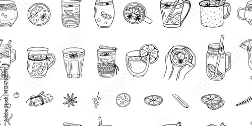 Seamless pattern of mulled wine in glasses or mugs of different sizes and shapes. Ingredients for mulled wine. Alcoholic and non-alcoholic drinks. Traditional drink in winter. Hand drawn