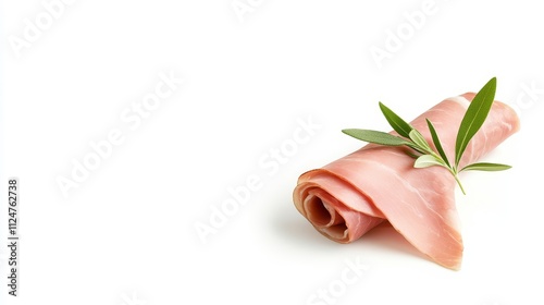 Freshly Sliced Ham Rolled with Green Olive Leaves on a White Background for Culinary and Gourmet Food Presentation or Recipe Ideas