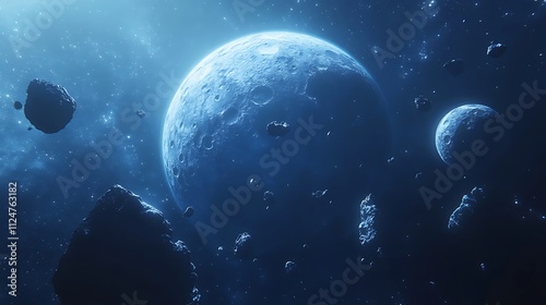 A planet in space with several moons a blue, Space planet galaxy