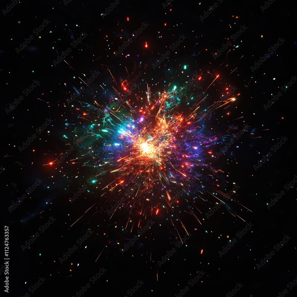 Obraz premium Colorful explosion of light and sparks in dark space.